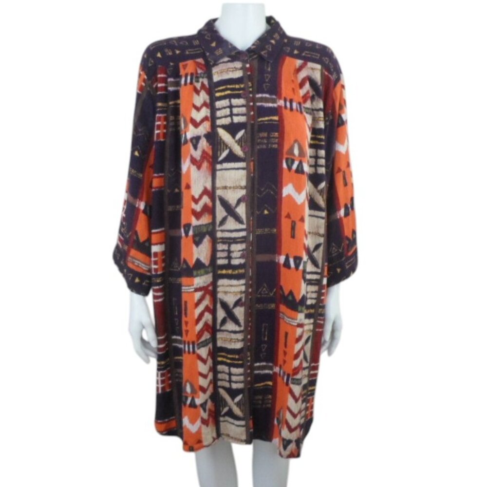 Vintage CM Shapes Button Up Tunic Top Purple Orange Rayon